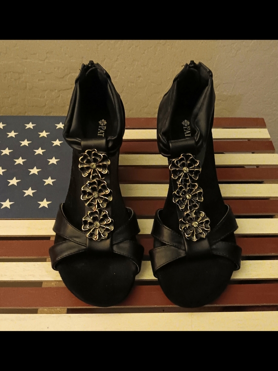 Patrizia Shoes - Black Floral T-Strap Heels with Gold Accents